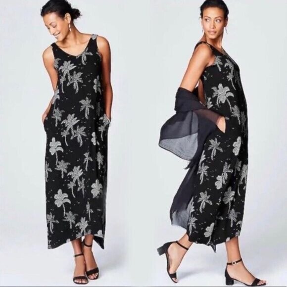 J Jill Black Sleeveless Palm Tree Tropical Jersey Midi Dress Size Small Petite - Picture 1 of 8